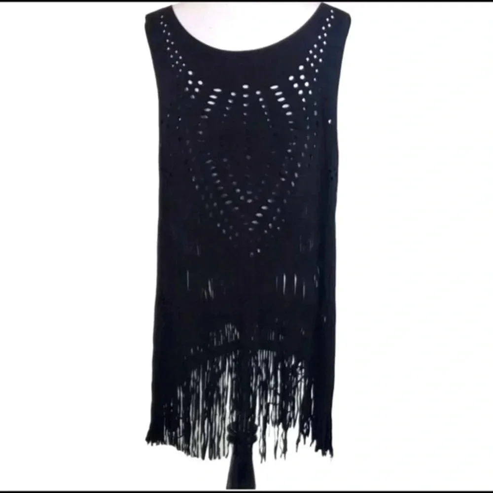 True Sleeveless Tunic One Size‎ Black Laser Cut Fringe Boho Cover Up JV0049BK